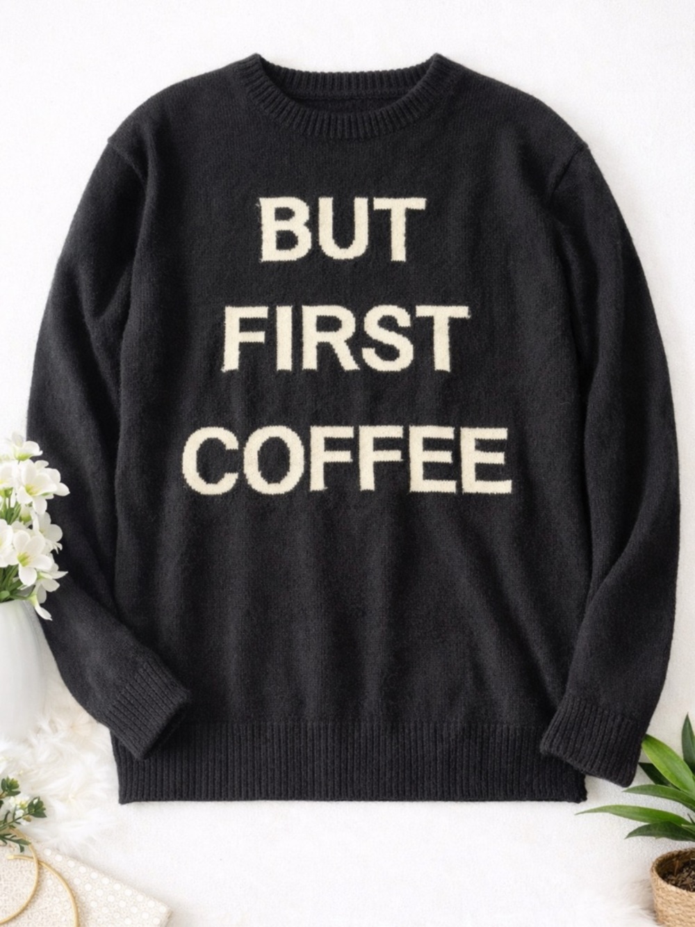 BiBi Black and White Sweater - 'But First Coffee'